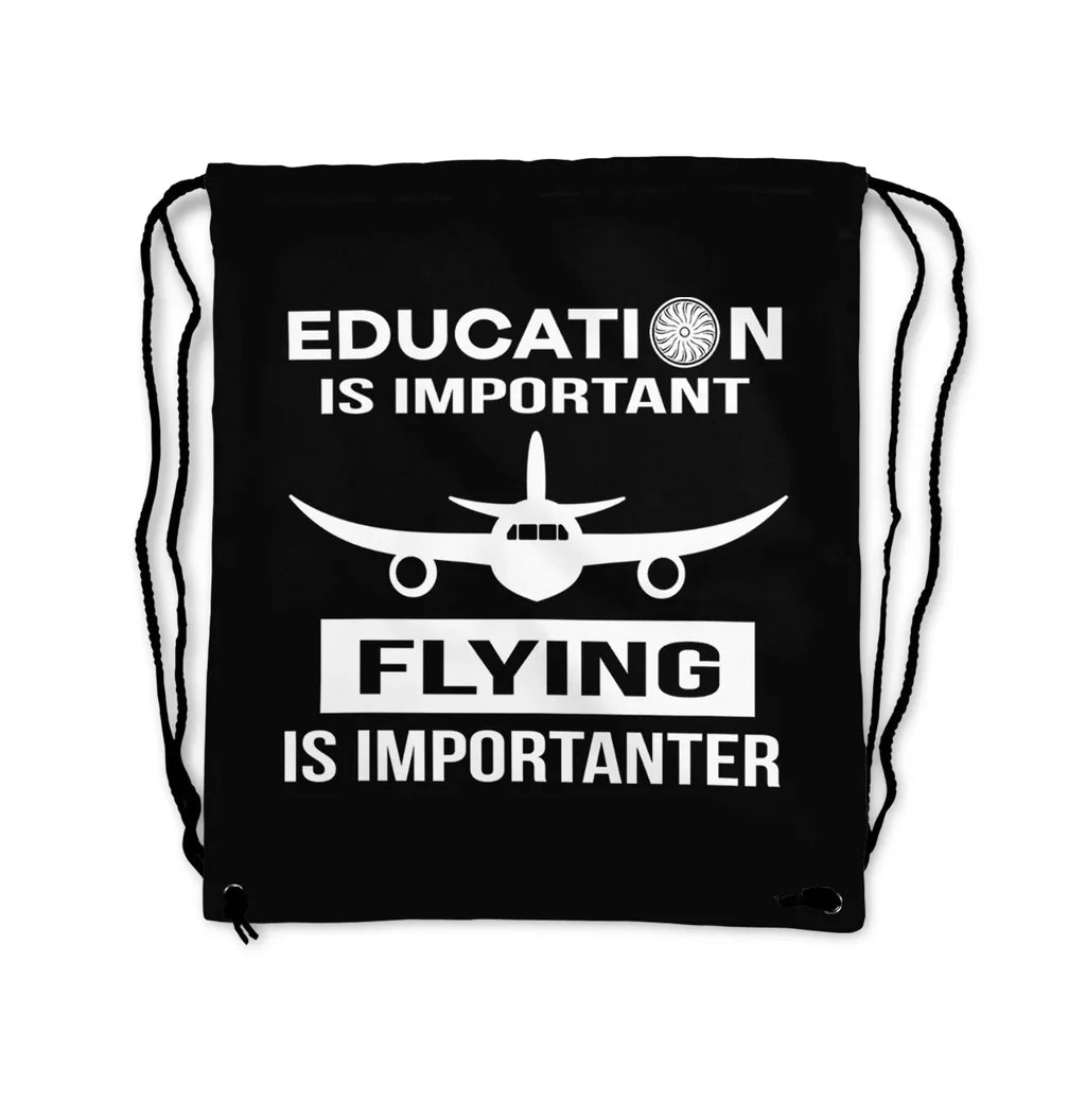 Flying is Importanter aviation drawstring bag in lightweight polyester.