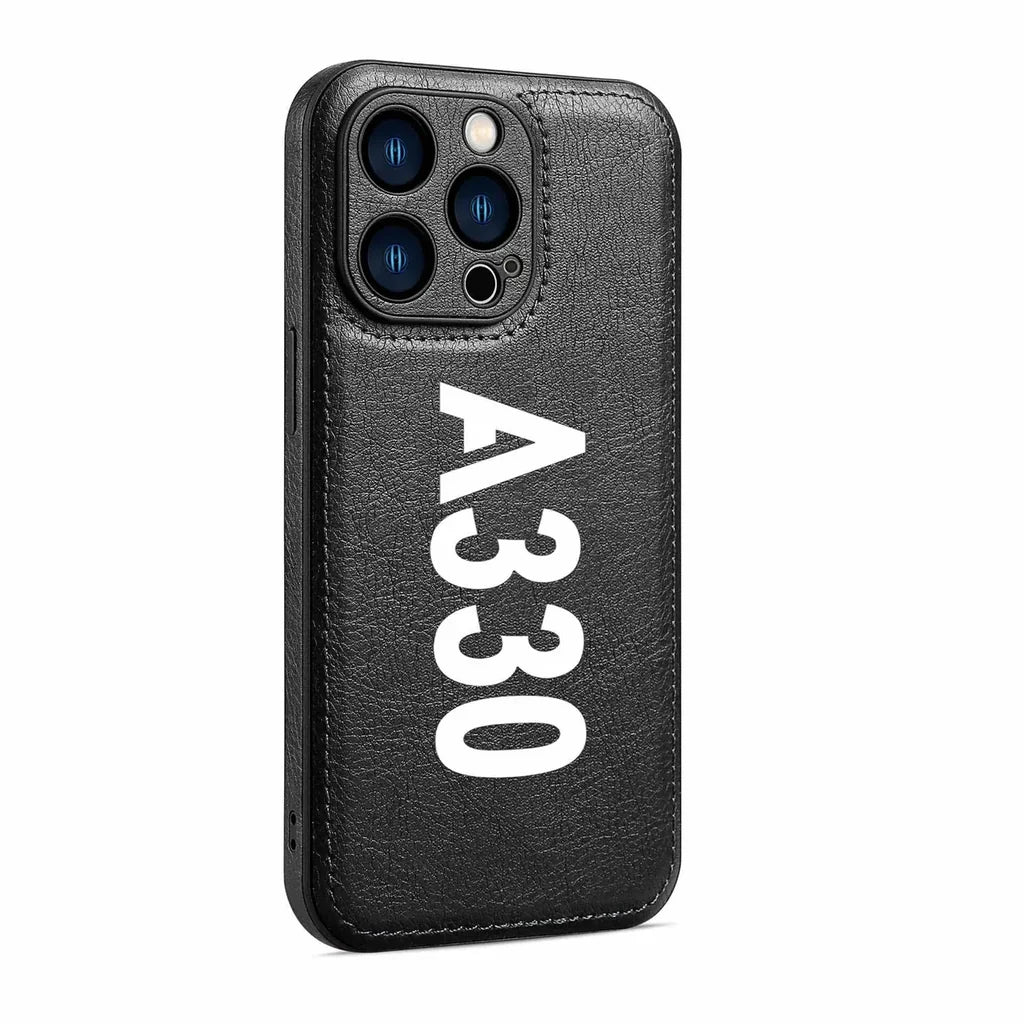 Airbus A330 Text aviation design on leather iPhone case for iPhone.