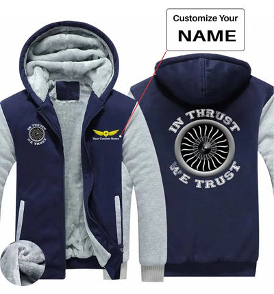 In Thrust We Trust (Vol 2) aviation design printed on soft cotton blend zipped sweatshirt.