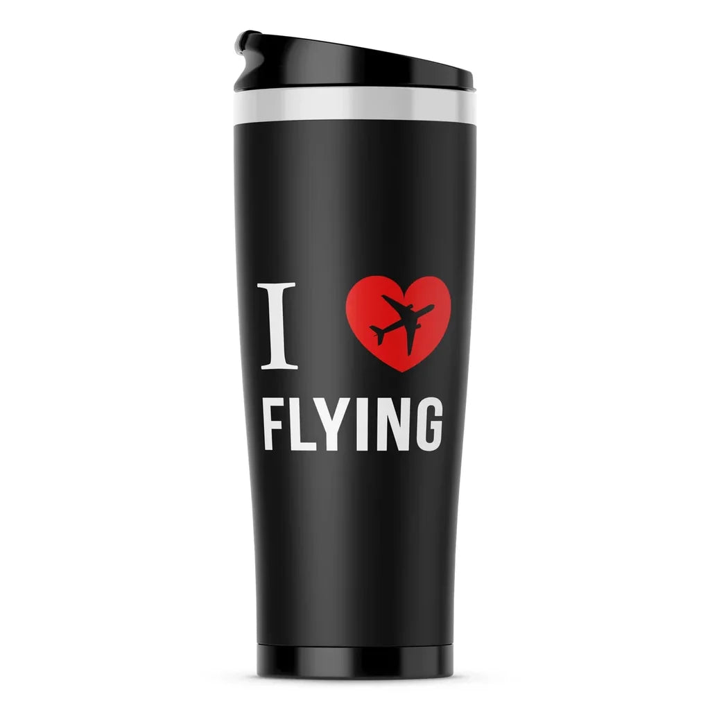 I Love Flying aviation design on travel mug no-holder, insulated double-wall.