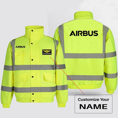 Airbus & Text aviation design printed on insulated shell with high-visibility reflective panels reflective winter jacket.