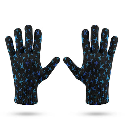 Many Airplanes Black aviation design on soft knit fabric gloves.