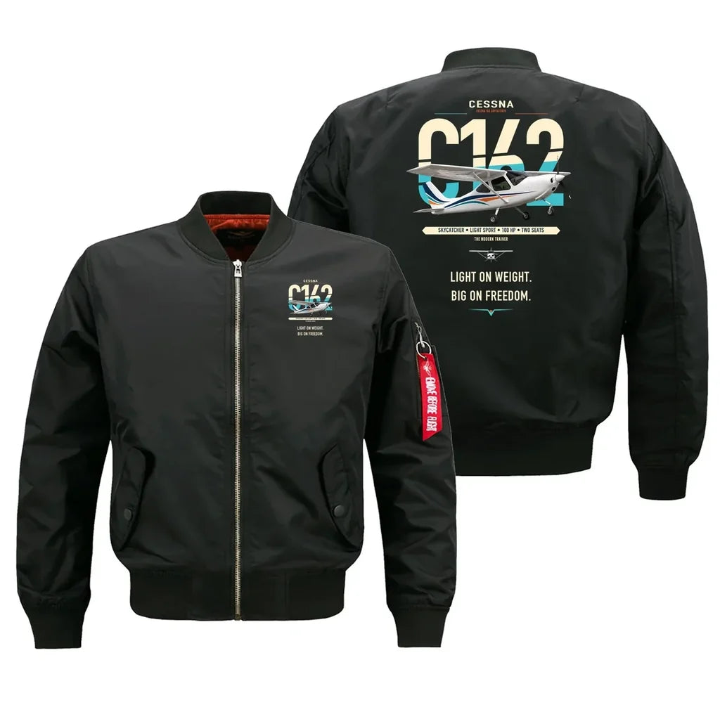 Cessna 162 Skycatcher design on black bomber jacket, double-side print