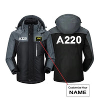 Thumbnail for Airbus A220 Flat Text aviation design printed on heavyweight insulated shell thick winter jacket.