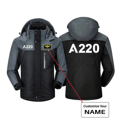 Airbus A220 Flat Text aviation design printed on heavyweight insulated shell thick winter jacket.