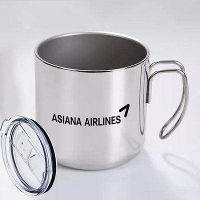 Asiana Airlines aviation design on portable mug, vacuum-insulated double-wall.
