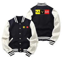 Thumbnail for AV8R Baseball Style aviation design printed on two-tone shell with ribbed cuffs baseball jacket.