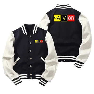 AV8R Baseball Style aviation design printed on two-tone shell with ribbed cuffs baseball jacket.