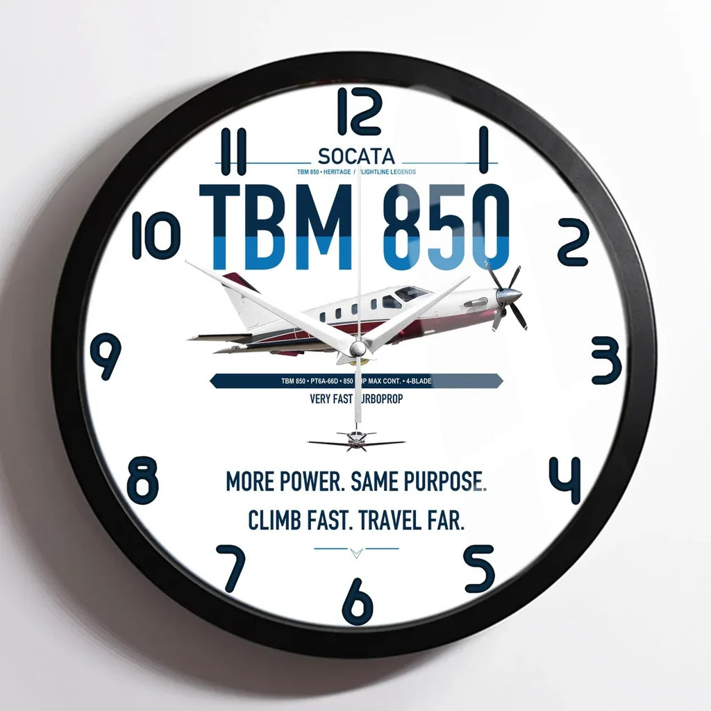 Socata TBM 850 design on white framed wall clock