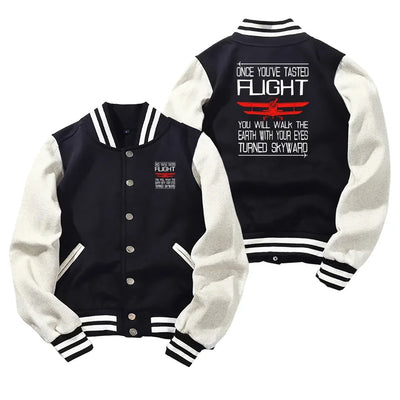 Once You've Tasted Flight Baseball Style aviation design printed on two-tone shell with ribbed cuffs baseball jacket.