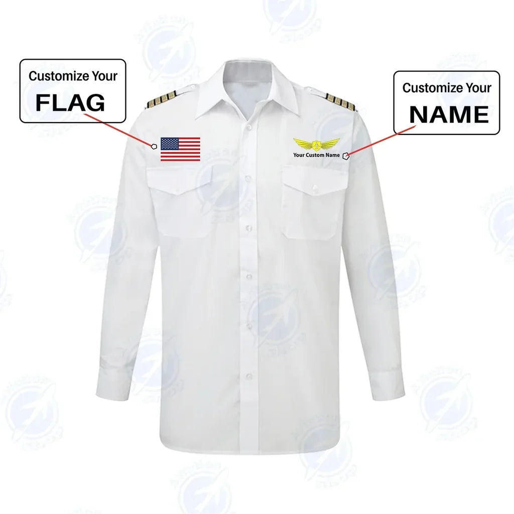 Custom Flag & Name with EPAULETTES (Badge 2) aviation design printed on crisp poplin cotton long-sleeve pilot shirt.