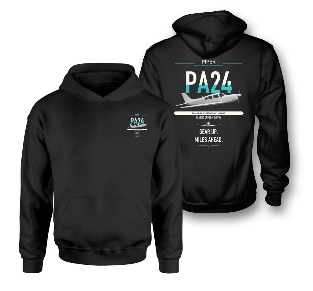 Piper PA-24-250 Comanche 250 design on black double-side hoodie, double-side print
