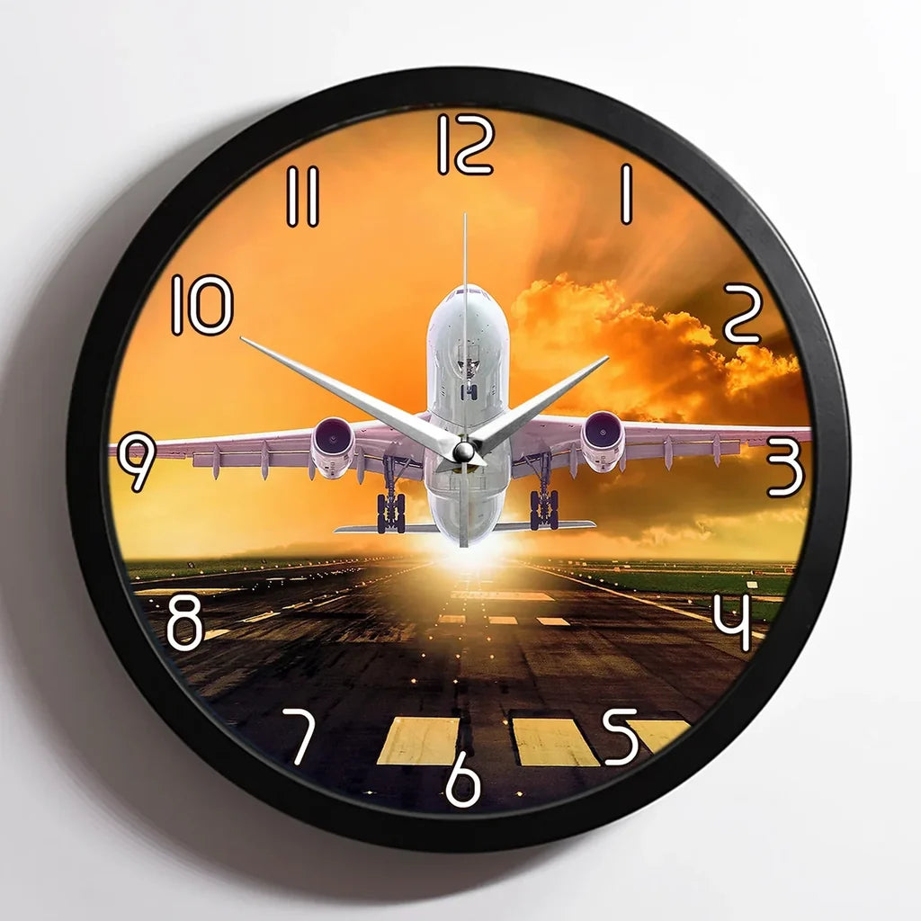 Amazing Departing Aircraft Sunset & Clouds Behind aviation design on premium wood and metal wall clock.