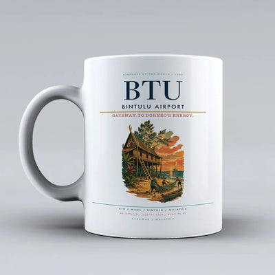 Bintulu Airport (BTU) airport code design on white ceramic mug
