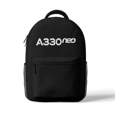 A330neo & Text aviation print backpack, durable polyester.