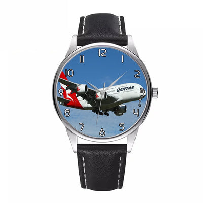 Landing Qantas Airlines A380 aviation-themed watch with leather strap, polished leather strap.