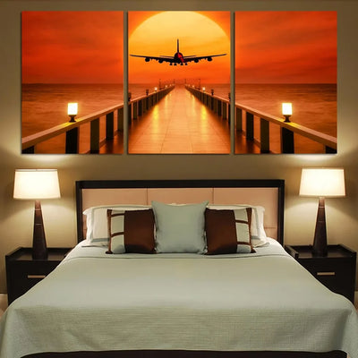 Airbus A380 Towards Sunset Printed Canvas Posters (3 Pieces) aviation art 3-piece canvas print in premium canvas with wood fr.