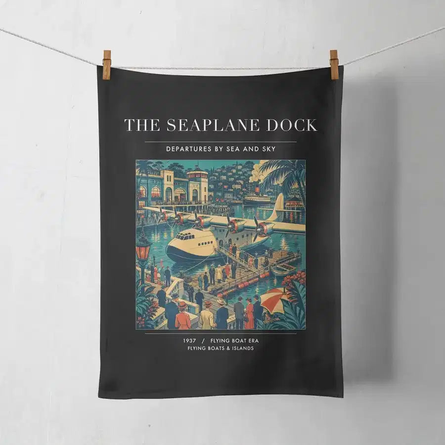 VINTAGE G4056 - The Seaplane Dock - Designed Towels design on black