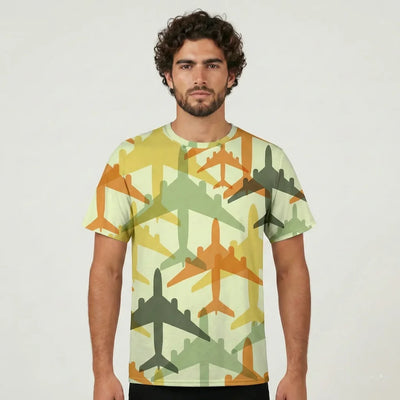 Seamless Colourful Airplanes aviation design printed on soft cotton 3D-print T-shirt.