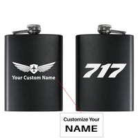Thumbnail for Boeing 717 Flat Text aviation design on stainless hip flask, compact pocket-size flask.