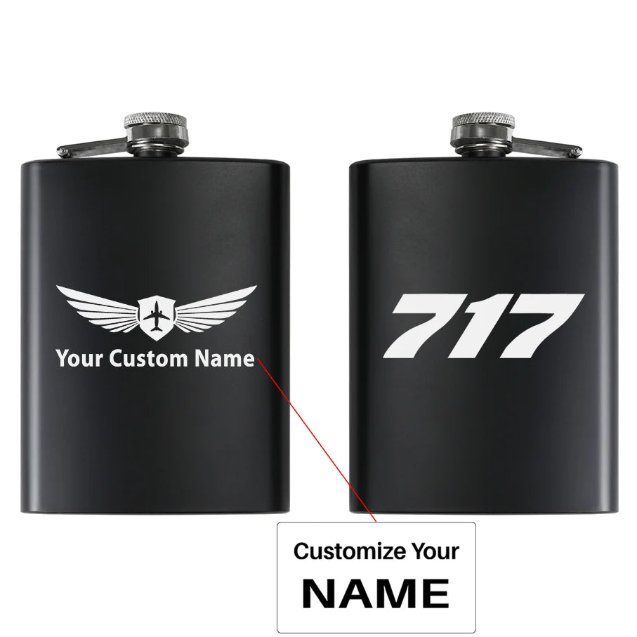 Boeing 717 Flat Text aviation design on stainless hip flask, compact pocket-size flask.