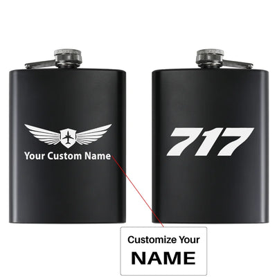 Boeing 717 Flat Text aviation design on stainless hip flask, compact pocket-size flask.