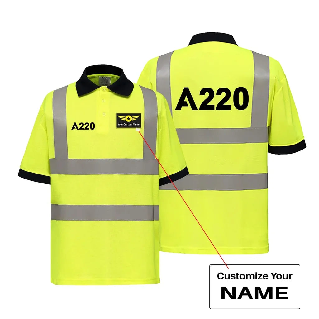Airbus A220 Flat Text aviation design printed on soft cotton reflective polo shirt.