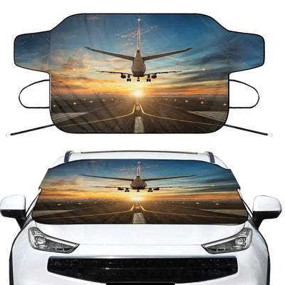 Airplane over Runway Towards the Sunrise Car aviation design on car windshield cover.
