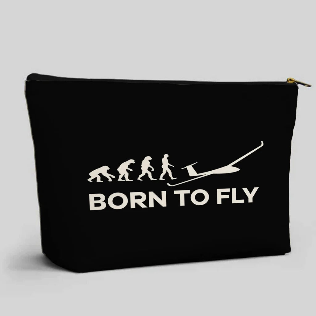 Born To Fly Glider aviation print zipper pouch, durable polyester.