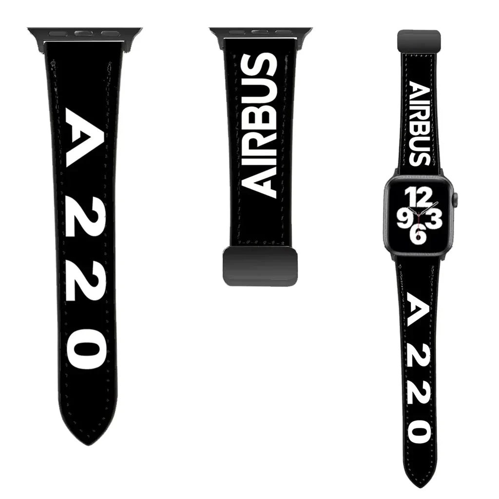 Airbus A220 Flat Text leather apple watch band - black