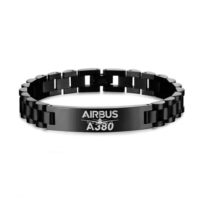 Side view of Amazing Airbus A380 aviation chain bracelet in stainless steel, polished finish.