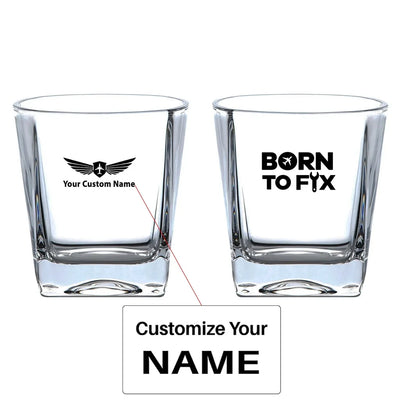 Born To Fix Airplanes aviation design on whiskey glass, crystal-clear premium glassware.