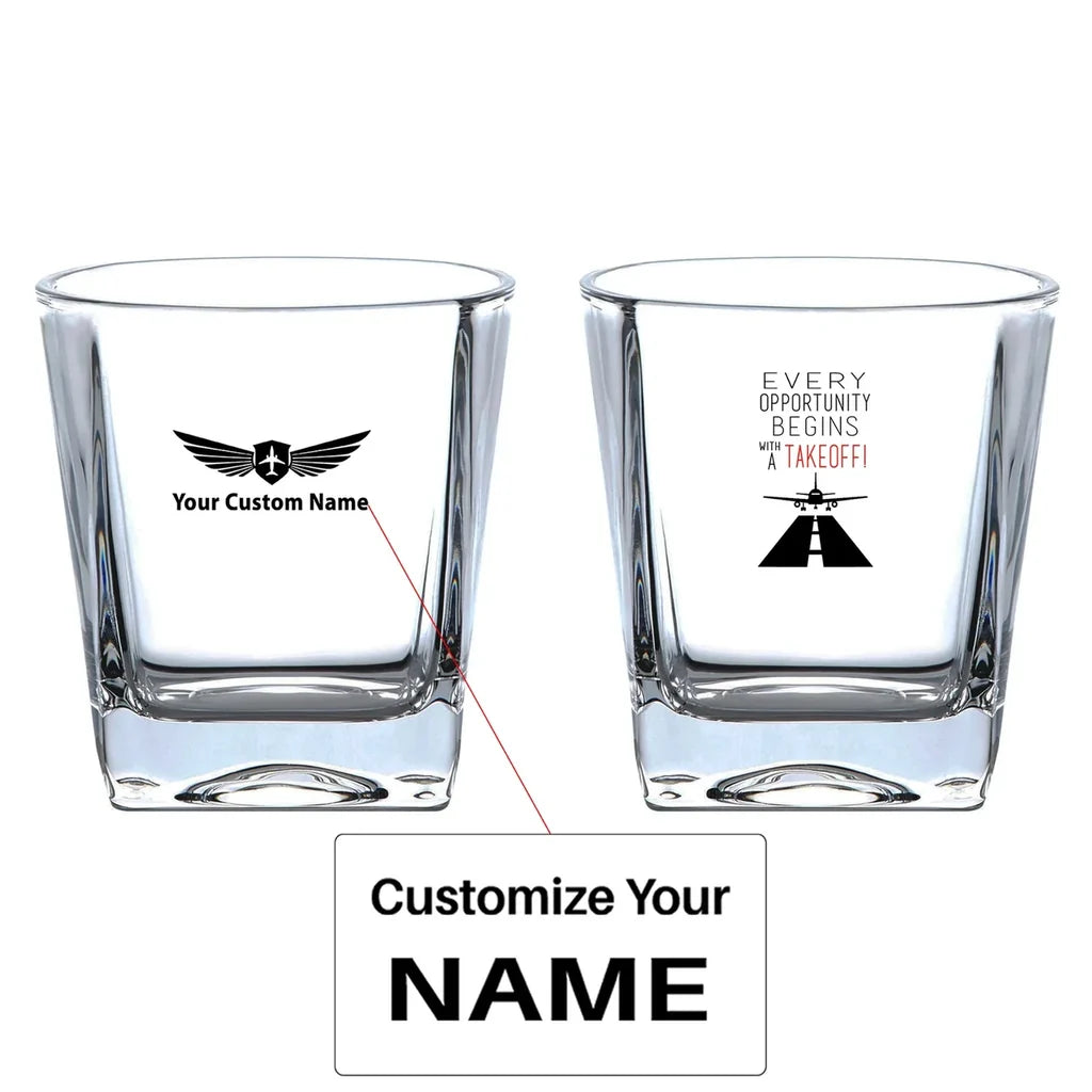 Every Opportunity aviation design on whiskey glass, crystal-clear premium glassware.