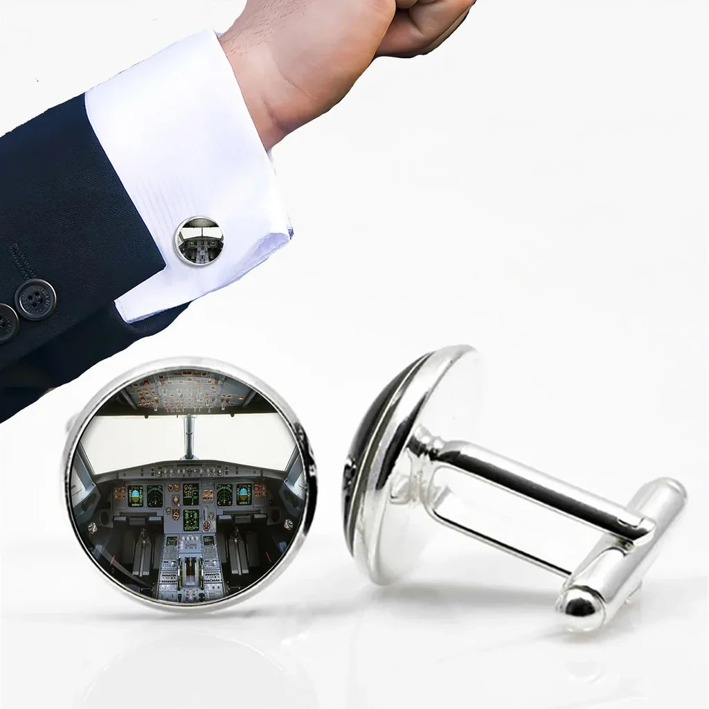 Side view of Airbus A320 Cockpit (Wide) aviation cuff links in polished metal, polished finish.