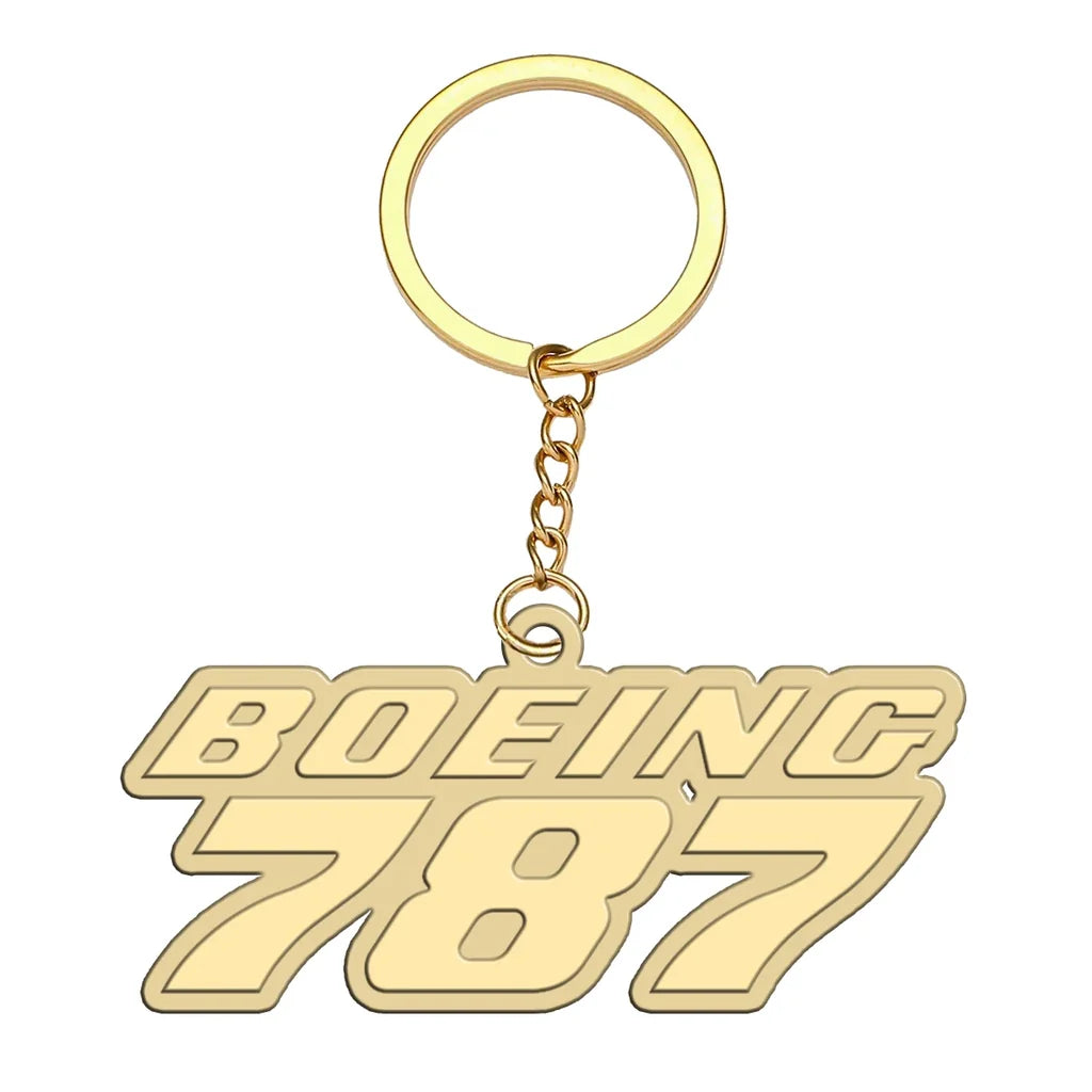 Boeing 787 & Text aviation hollow key chain in polished alloy.