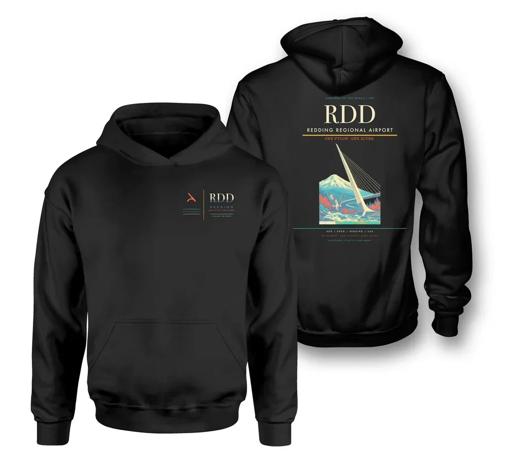 Redding Regional Airport (RDD) design on black double-side hoodie