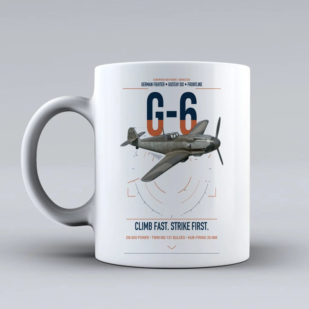 Messerschmitt Bf 109G-6 design on white ceramic mug, double-side print