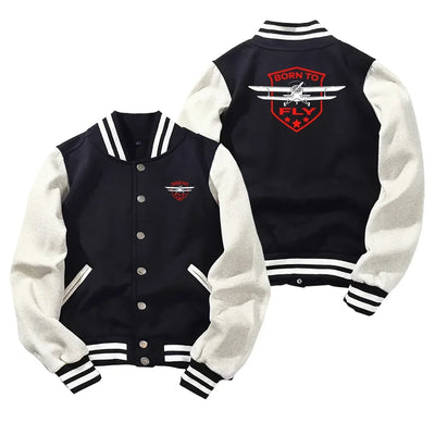 Born To Fly 2 Baseball Style aviation design printed on two-tone shell with ribbed cuffs baseball jacket.