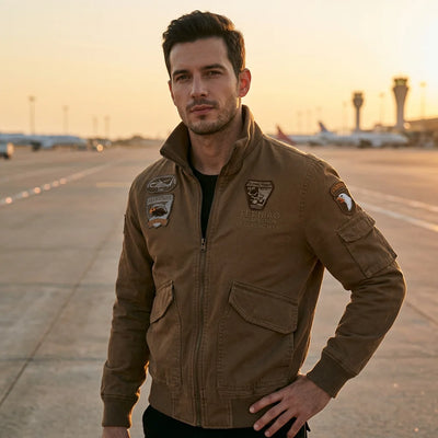 Aviation pilot jacket worn on model — editorial