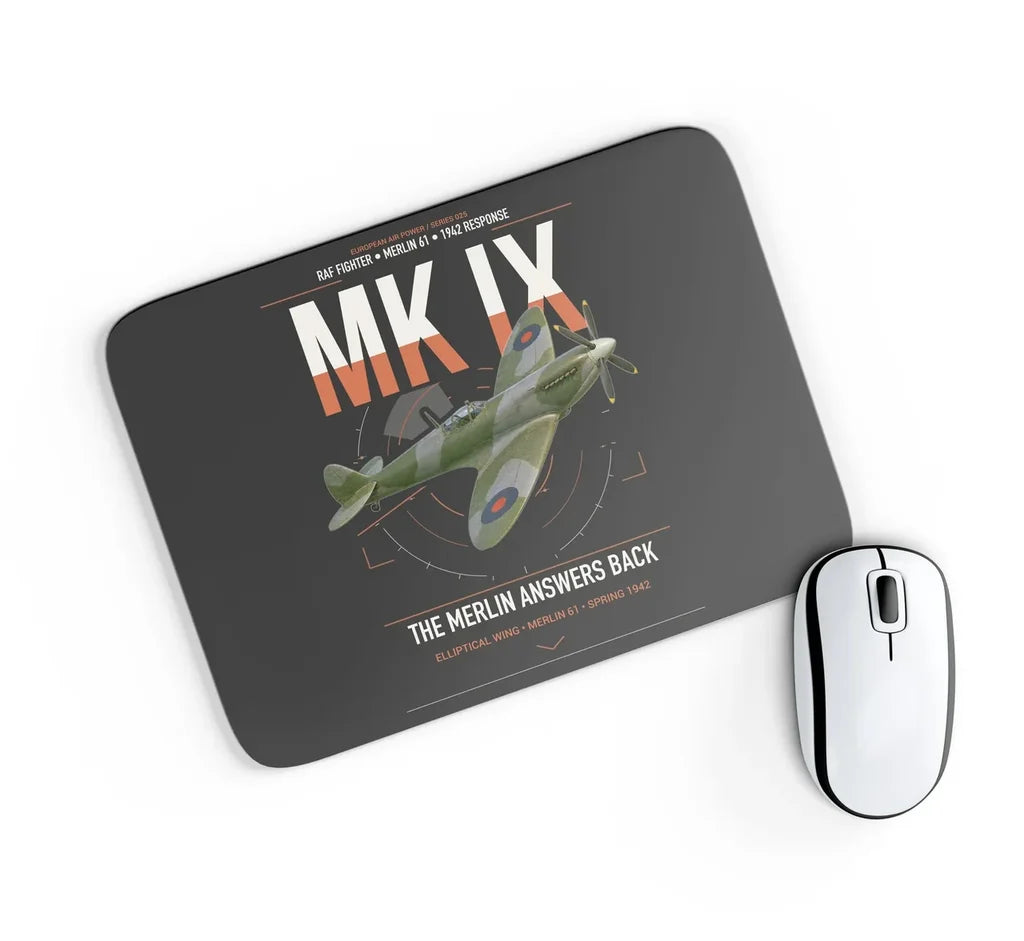 Supermarine Spitfire Mk IX design on black rectangle mouse pad