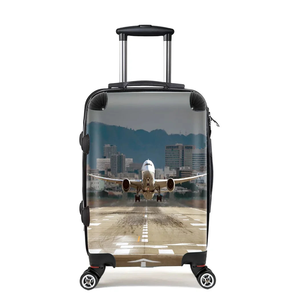 Departing Boeing 787 Dreamliner Cabin Size aviation print luggage, durable shell.