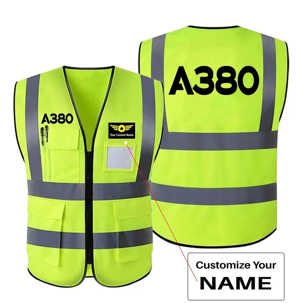 Airbus A380 Flat Text aviation design printed on high-visibility reflective fabric reflective vest.
