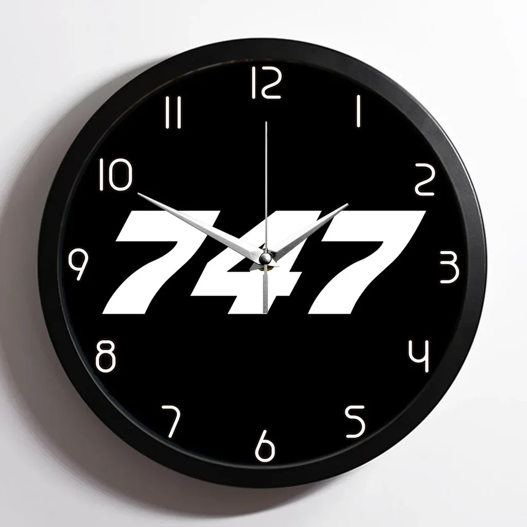 Boeing 747 Flat Text aviation design on premium wood and metal wall clock.