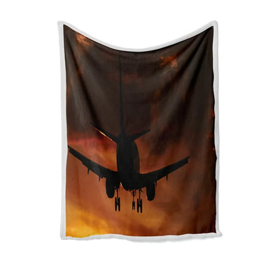 Beautiful Aircraft Landing at Sunset Bed Blankets & aviation print on soft fleece blanket.