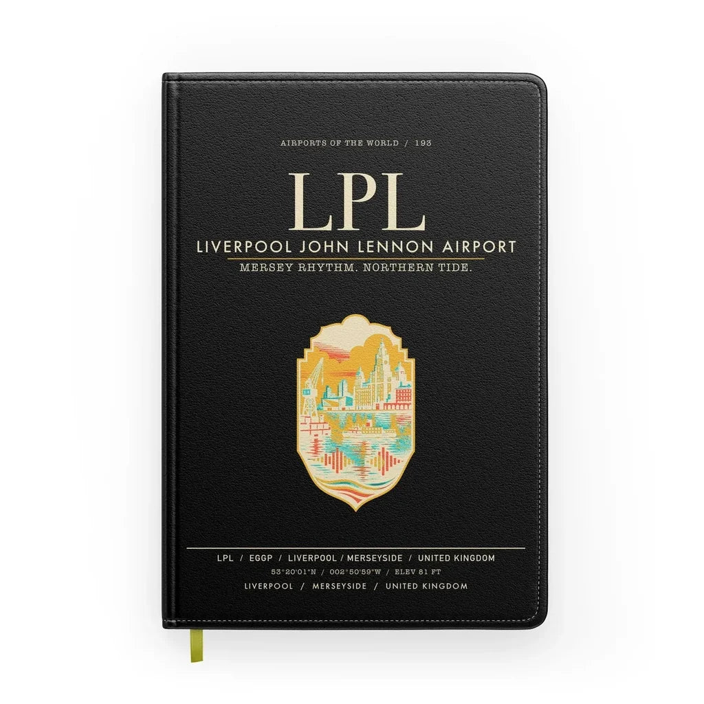 Liverpool John Lennon Airport (LPL) design on black notebook