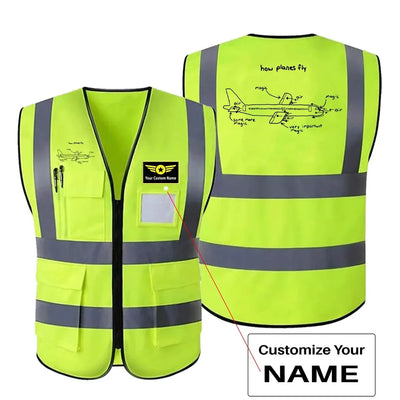 How Planes Fly aviation design printed on high-visibility reflective fabric reflective vest.