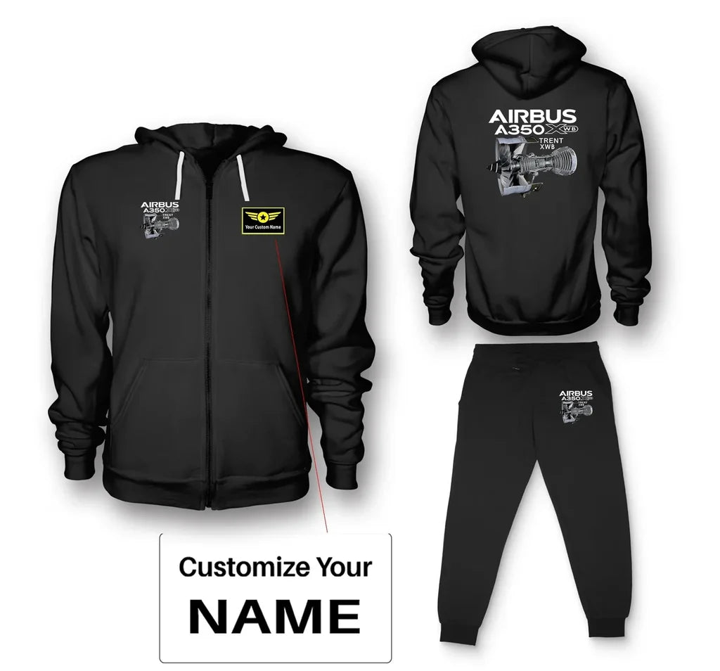 Airbus A350 & Trent Wxb Engine aviation design on soft cotton blend zipped hoodie and sweatpants set.
