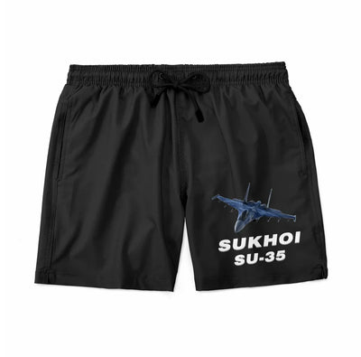 The Sukhoi SU-35 aviation design on quick-dry polyester swim trunks.