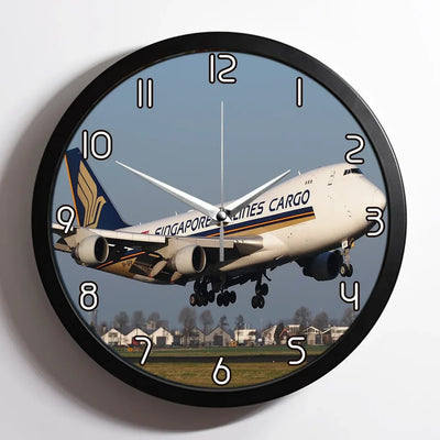Singapore Airlines Cargo Boeing 747 aviation design on premium wood and metal wall clock.