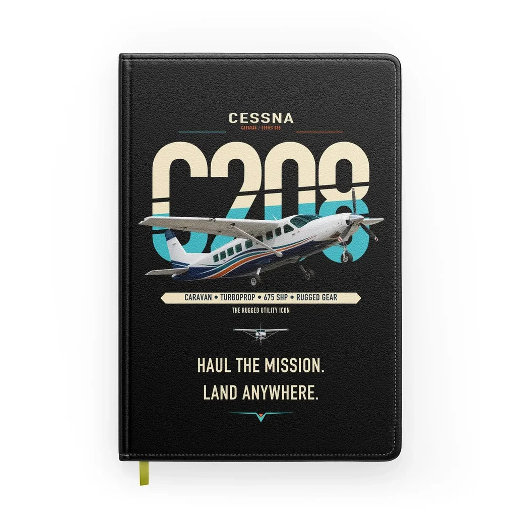 Cessna 208 Caravan design on black notebook